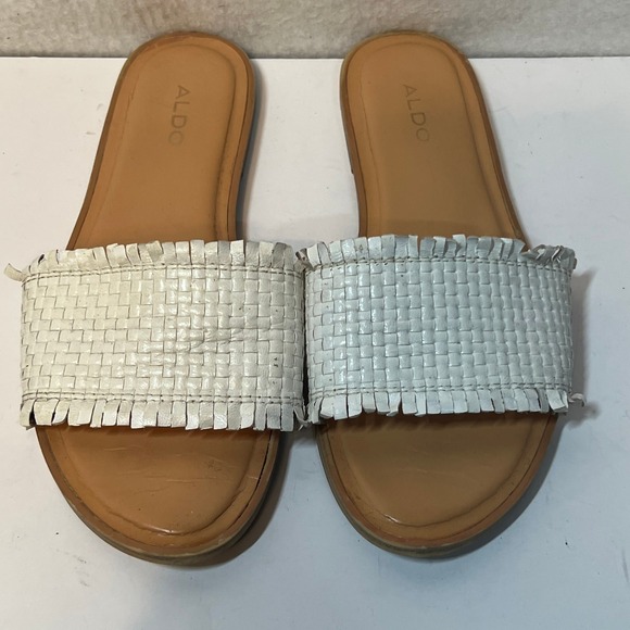 ALDO White Woven Raffia Fringe Slide Sandals US 6.5 EU 37 Summer Flats - Picture 1 of 12